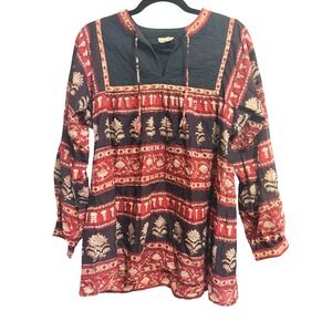 Anokhi Cusco Cotton Block Print Boho Red Black Quilted Bib Tunic Top L
